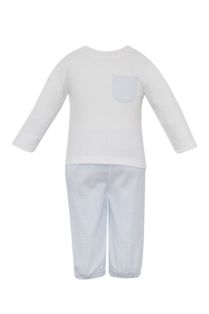 Lt Blue Gingham Knit LS Boy Pant Set