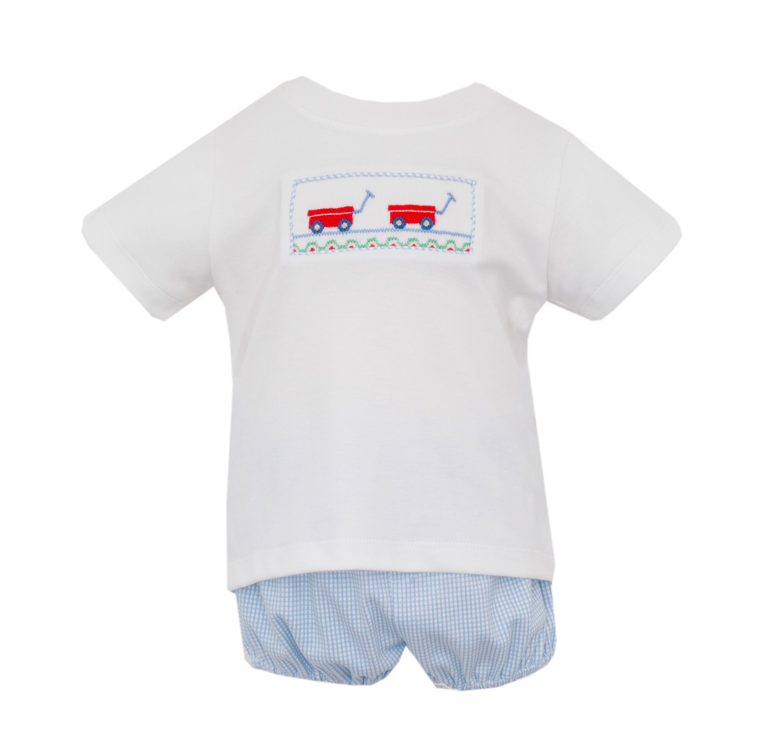 Blue Knit Stripe Wagons Diaper Set