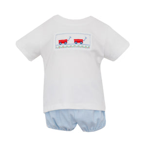 Blue Knit Stripe Wagons Diaper Set