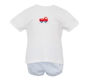 Lt Blue Knit Stripe Firetruck Diaper Set