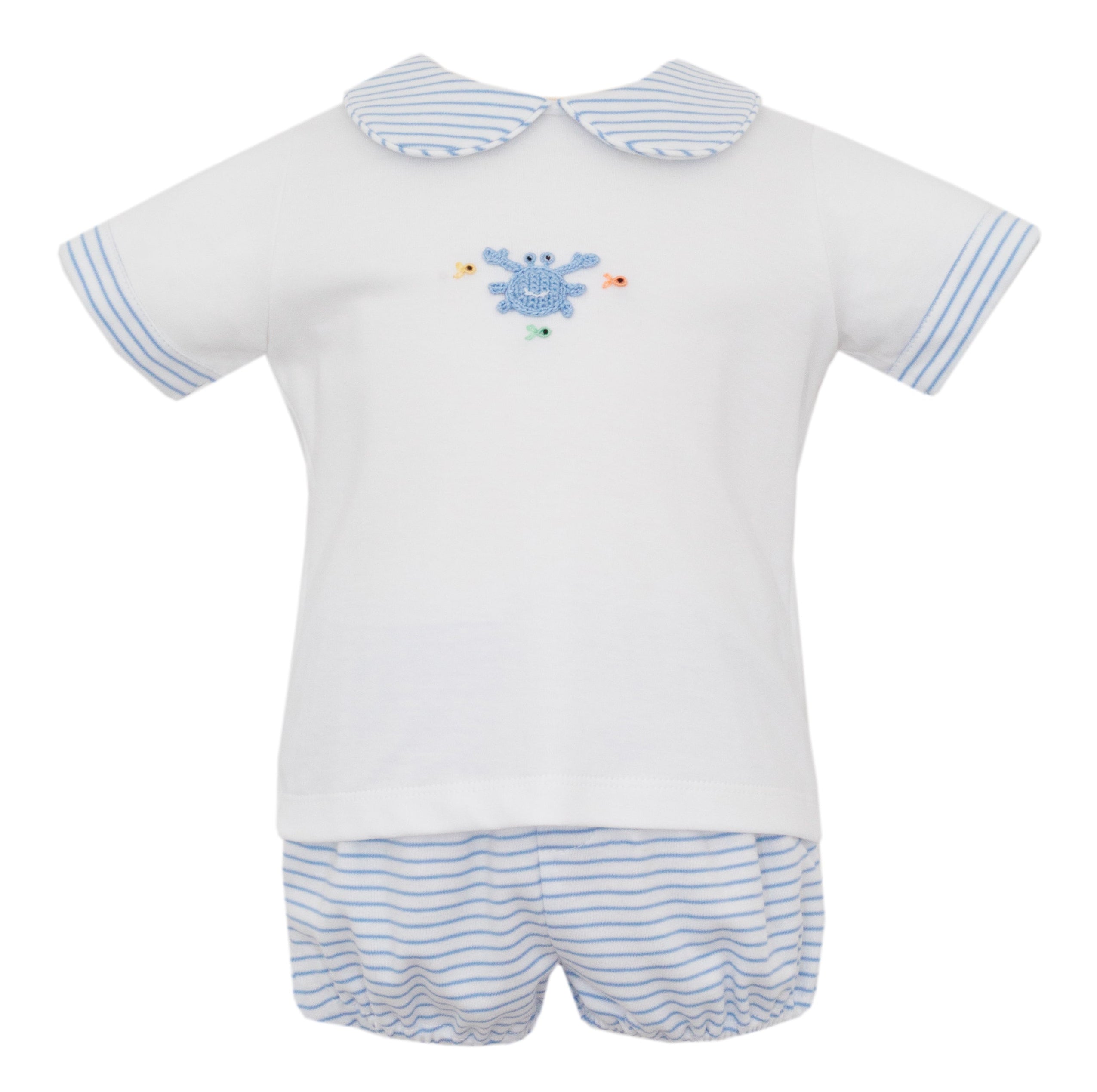 Lt Blue Knit Stripe Crabs Diaper Set