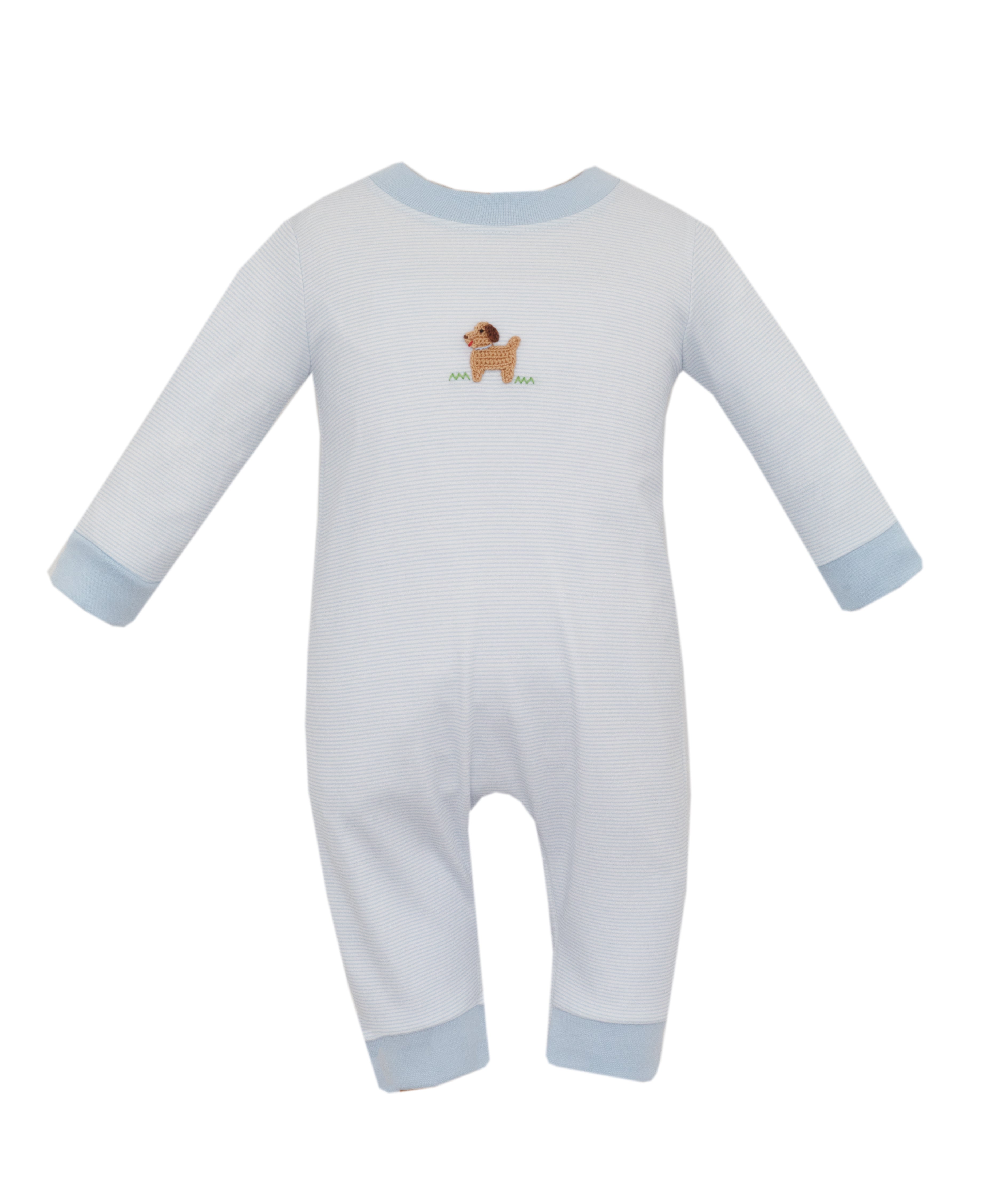 Light Blue Stripe Puppies LS Romper