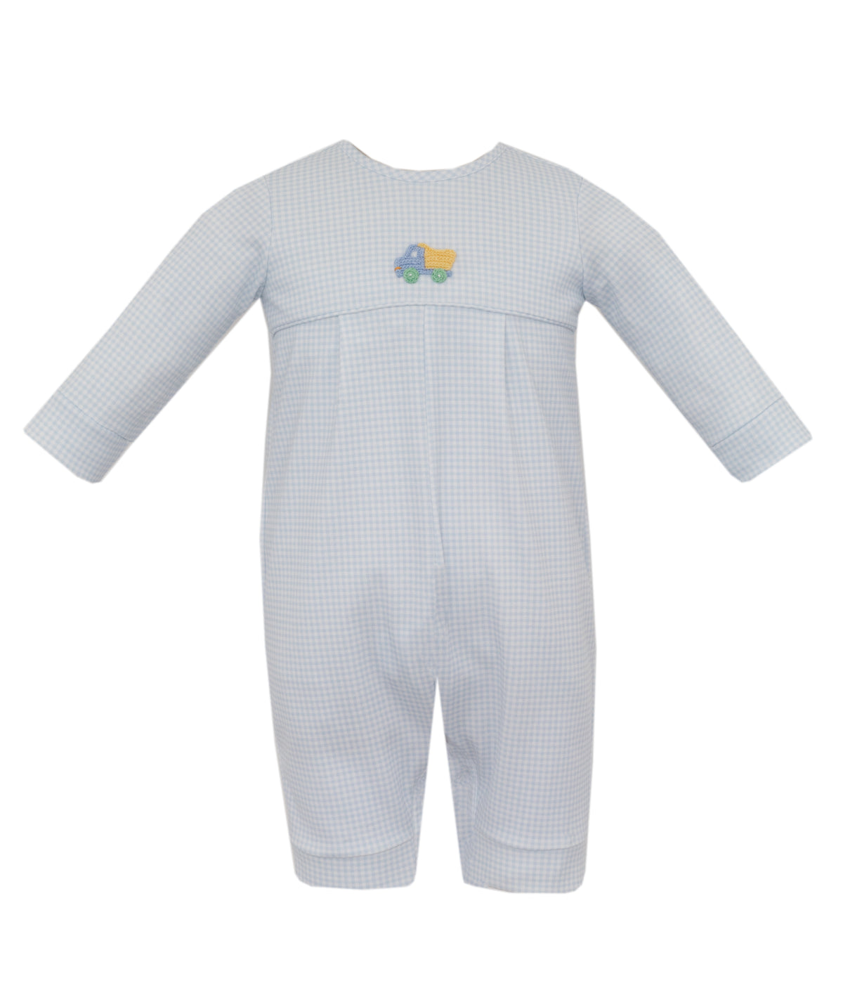 Light Blue Dump Truck Knit Gingham Long Romper