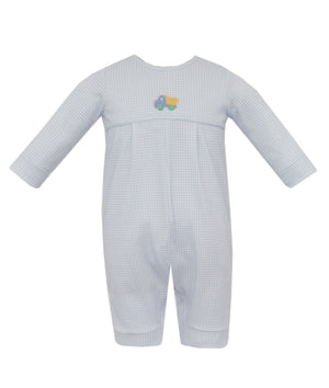 Light Blue Dump Truck Knit Gingham Long Romper