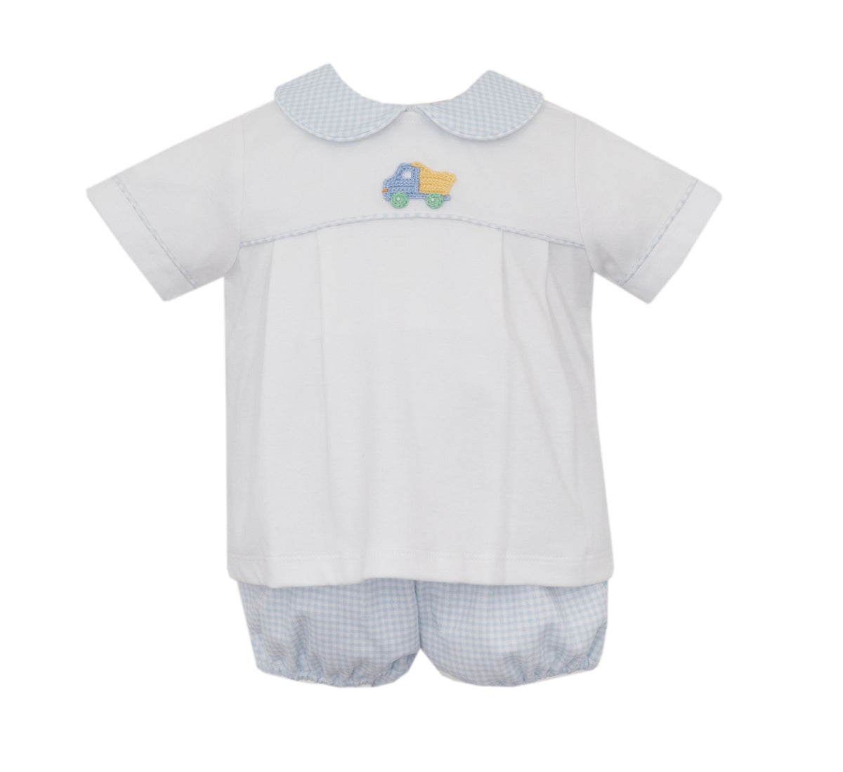 Light Blue Knit Gingham Dump Truck Diaper Set