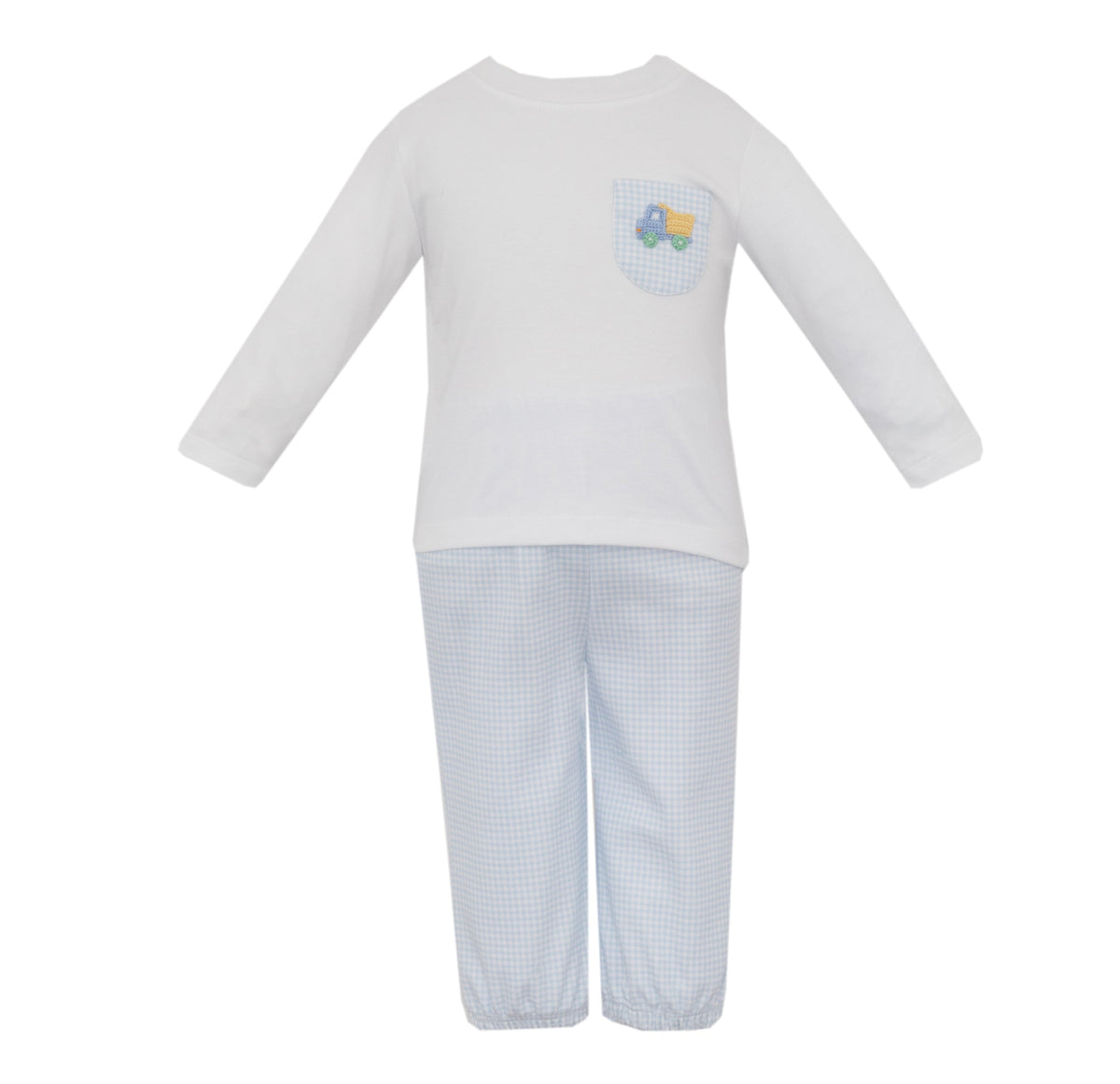 Light Blue Knit Gingham Dump Truck LS Pant Set