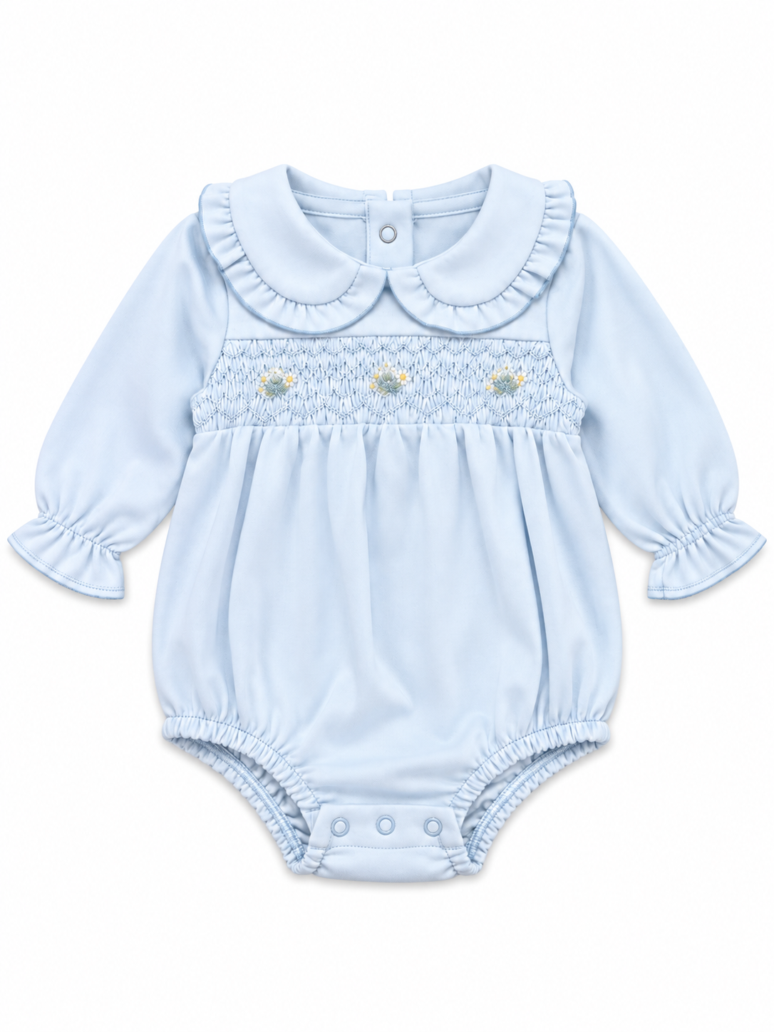 Blue Smocked Pima Collared LS Bubble