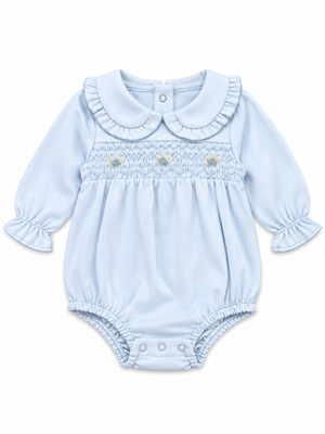 Blue Smocked Pima Collared LS Bubble