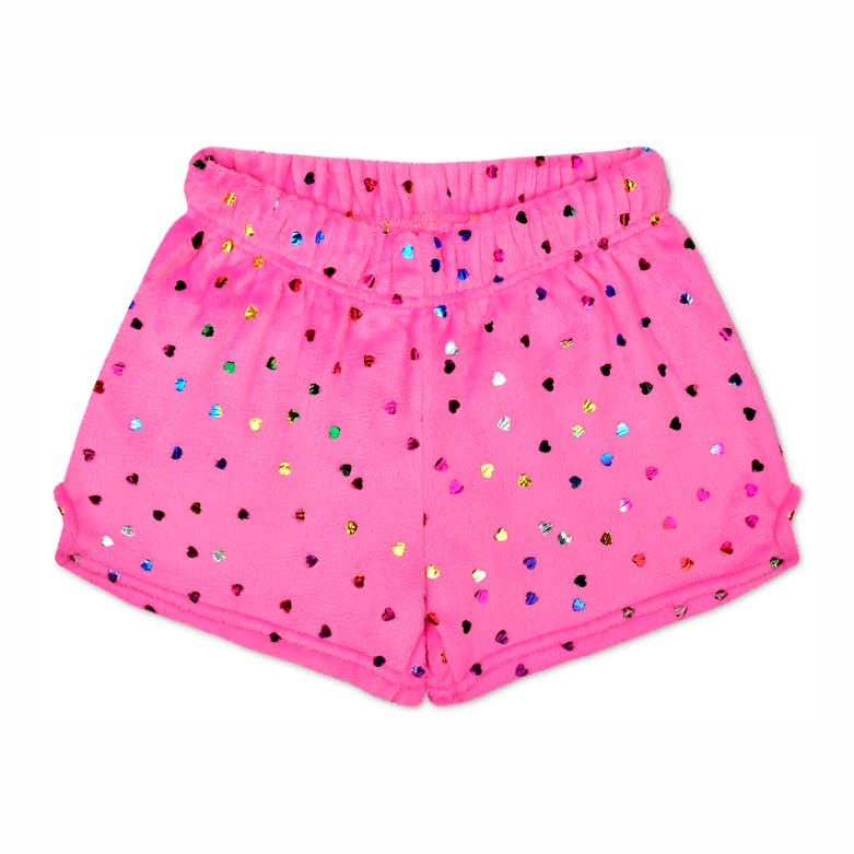Bright Pink Foil Heart Plush Shorts