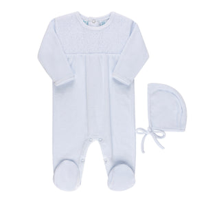 Blue Hand Smocked Velour Romper with Hat