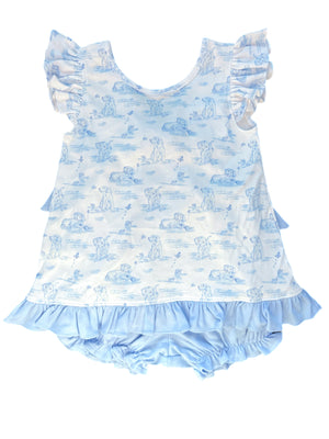 *PRE-ORDER* Mae Blue Puppy Knit Tie Back Bloomer Set (Infant)