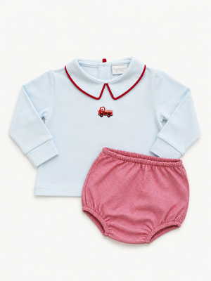 Light Blue w/ Red Piping Firetruck LS Diaper Set