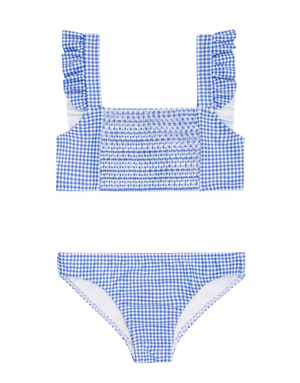 Sky Blue Gingham Smocked Ruffle Strap Bikini (Kid/Big Kid)