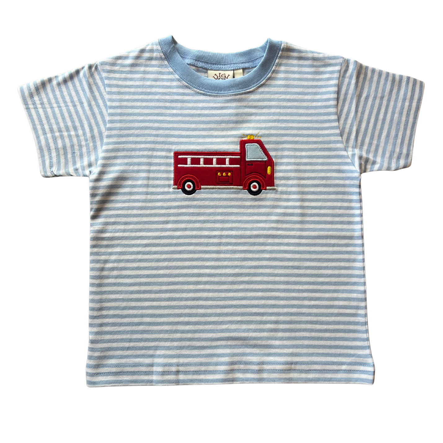 Blue Stripe Large Applique Firetruck SS Tee