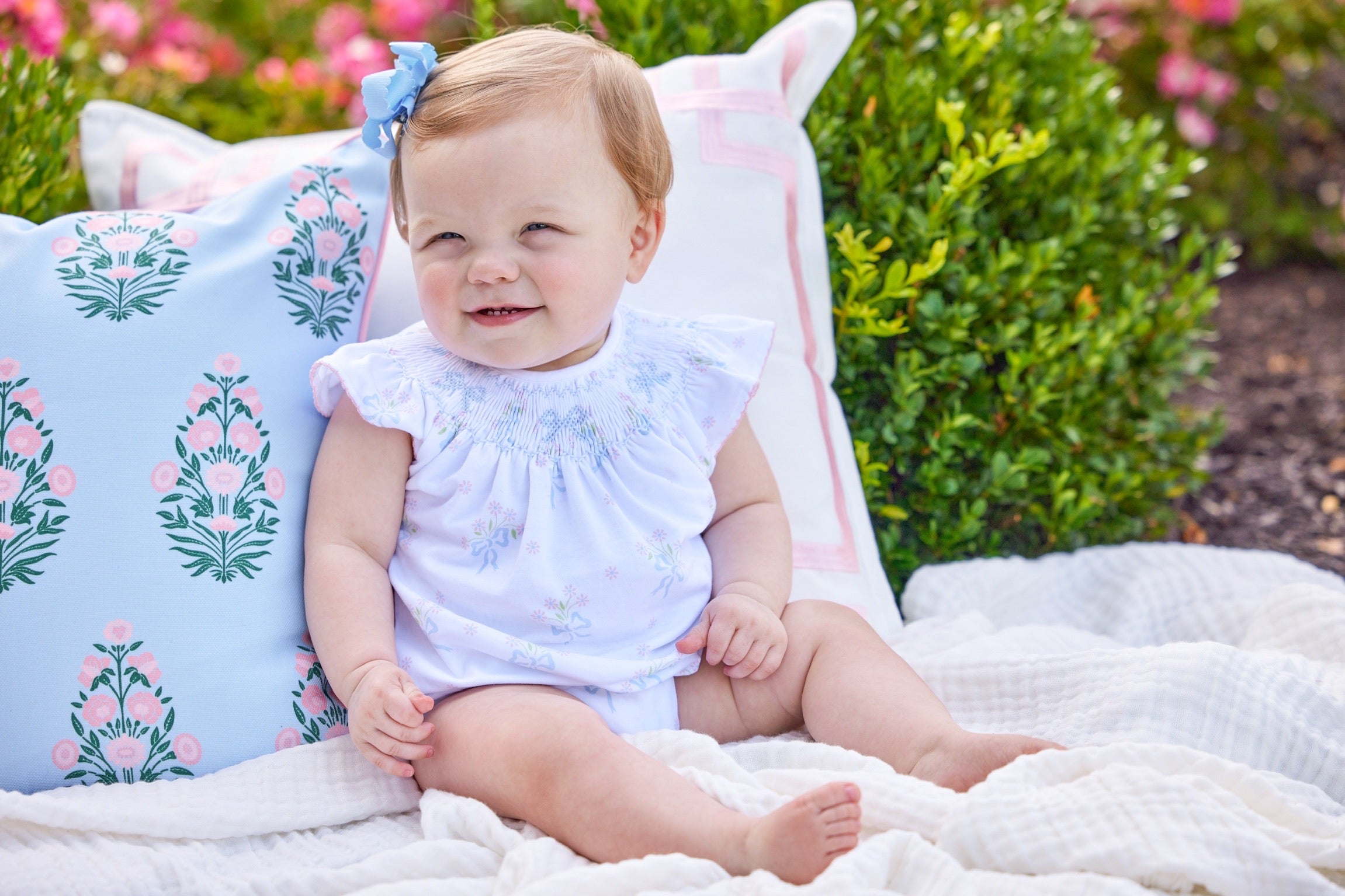Smocked Bishop Bubble - Blue Bow Bouquet (Infant)