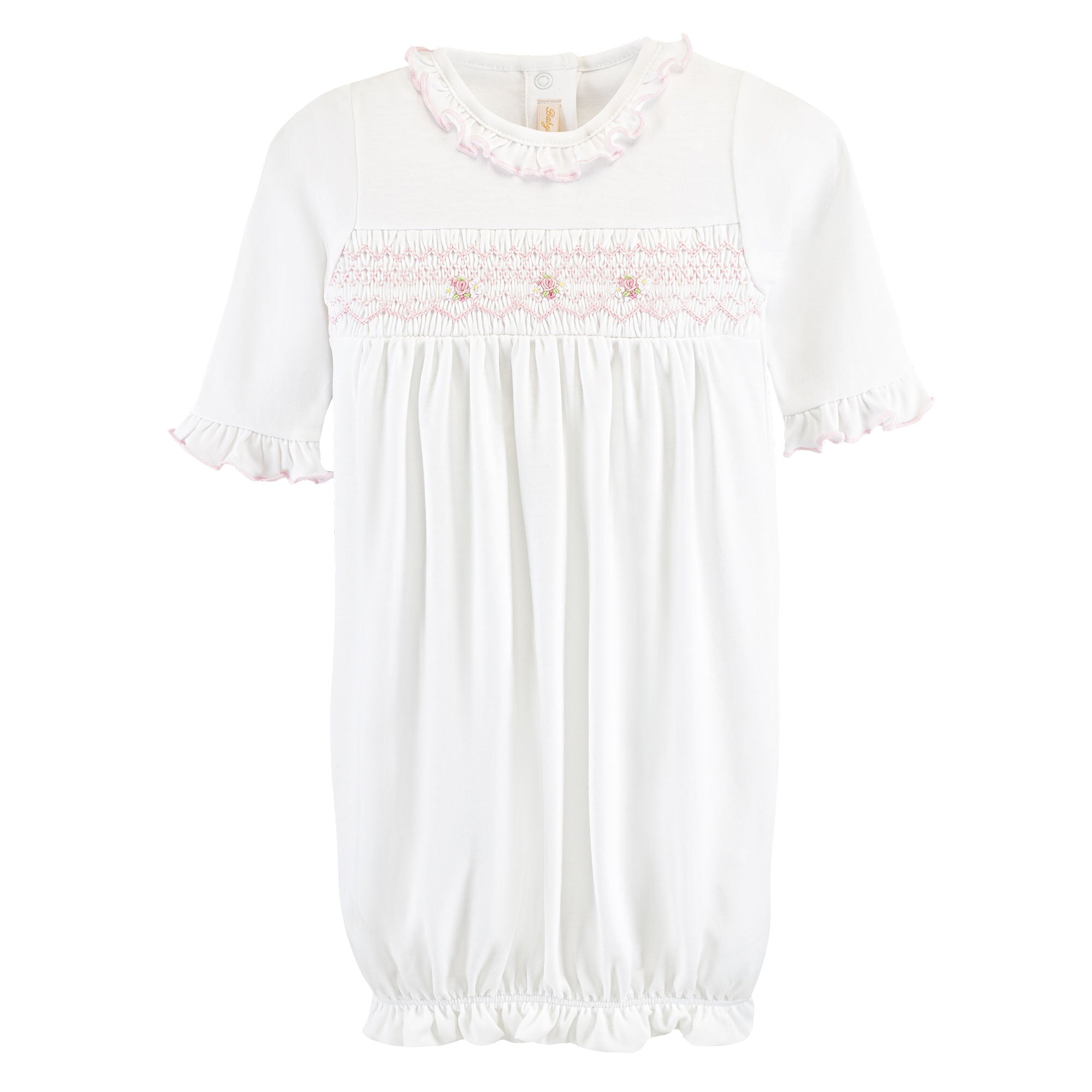 White Smocked Ruffled Gown with Embroidery