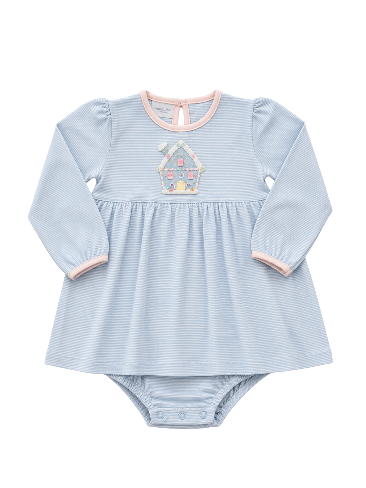 Blue Stripe Gingerbread House LS Onesie Dress