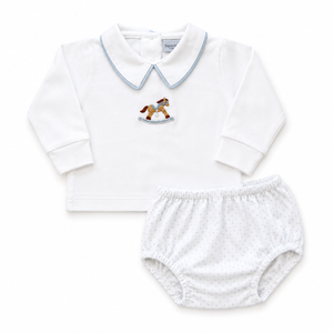 White Vintage Rocking Horse LS Diaper Set