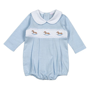 Blue Rocking Horse Hand Smocked Pima Bubble