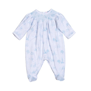 Blue Baby Toile Pima Hand Smock Footie