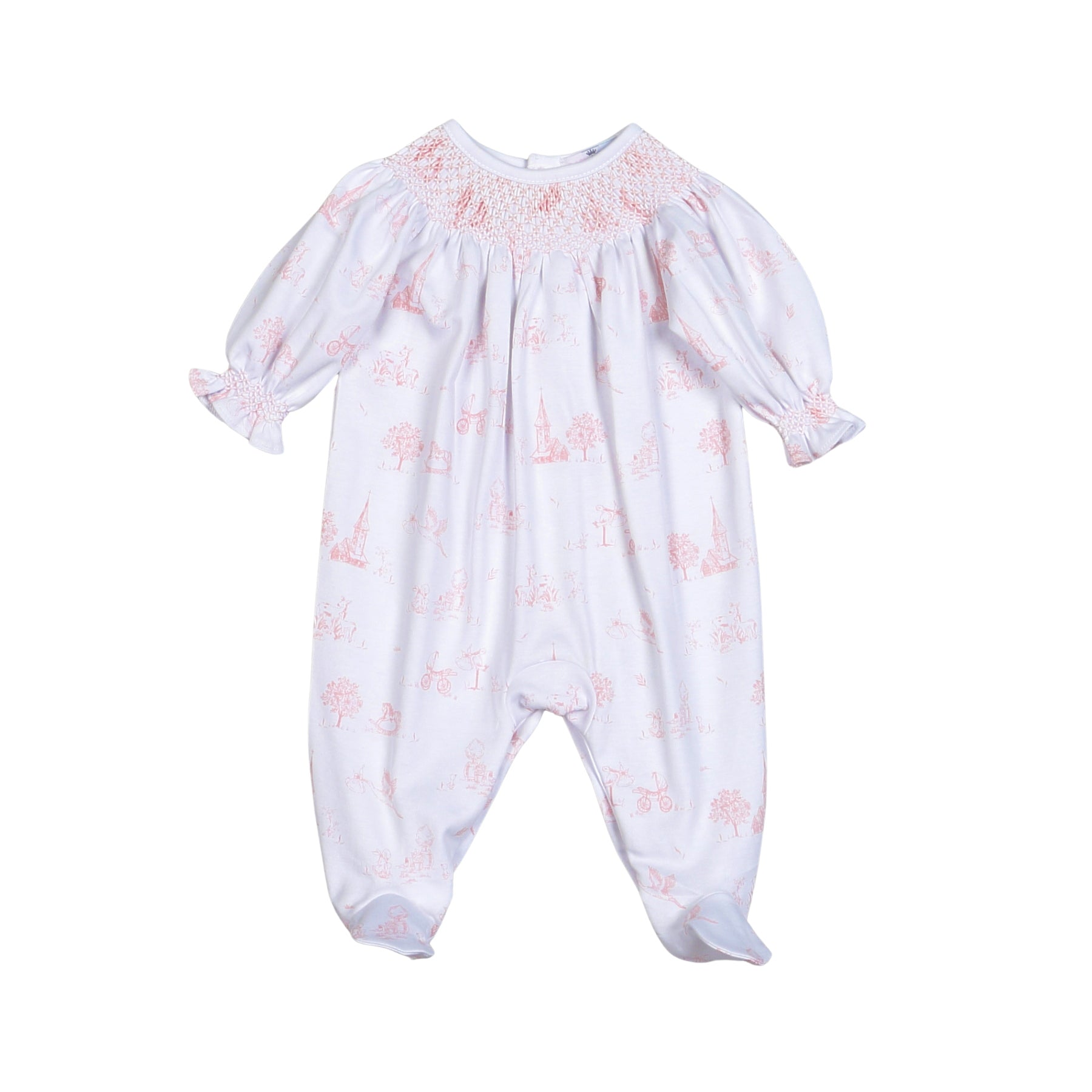 Pink Baby Toile Pima Hand Smock Footie