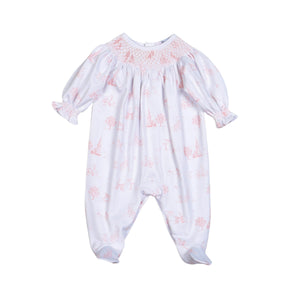 Pink Baby Toile Pima Hand Smock Footie