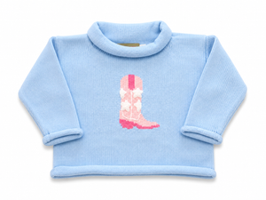 Cow Girl Boot w/ Stars Sky Blue Roll Neck Sweater