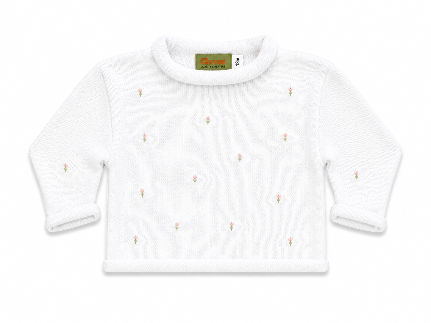 White Rosebud Roll Neck Sweater