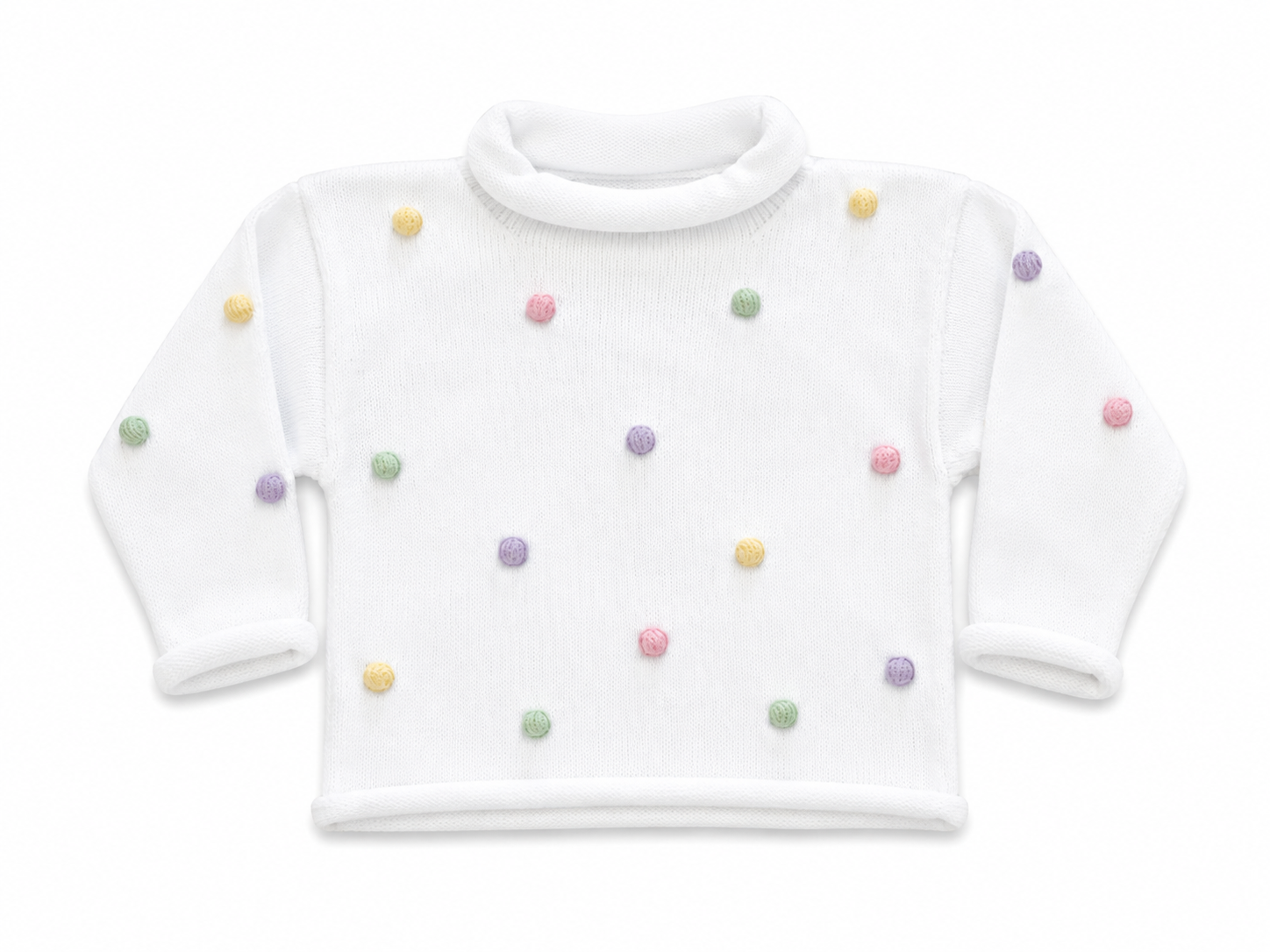 White w/ Pastel Pom Poms Roll Neck Sweater