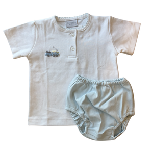 Train Engine w/ Coal Car Button Front Placket Diaper Set