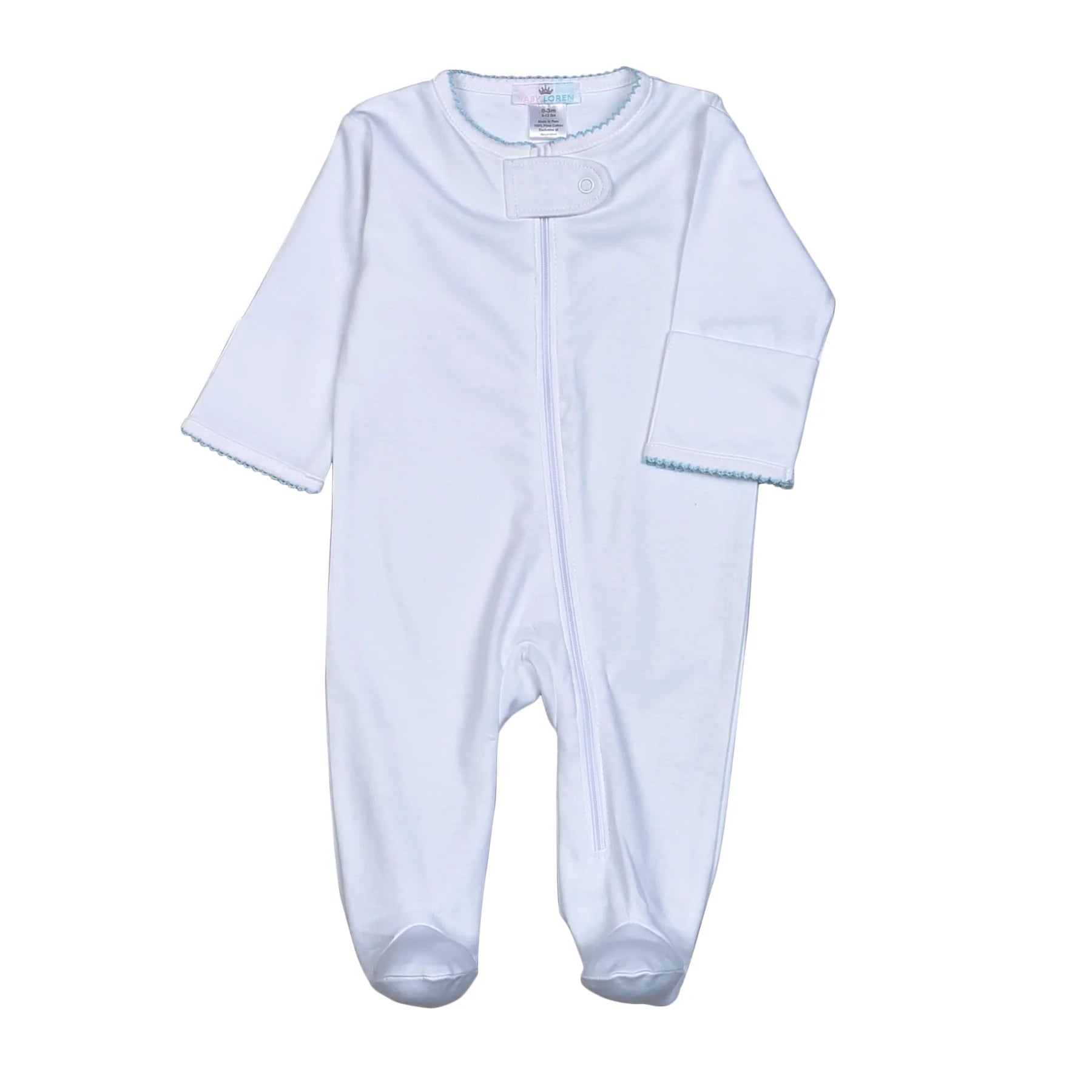 White Zipper Footie w/ Blue Picot
