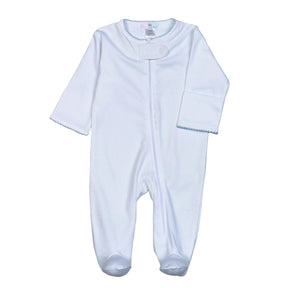 White Zipper Footie w/ Blue Picot