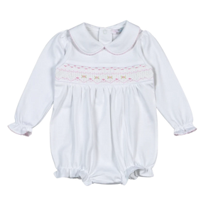 Sally White/Pink Hand Smocked Pima Long Sleeve Bubble