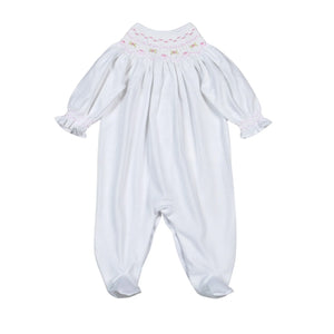 White/Pink Sally Hand Smock Bishop Pima Footie