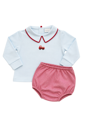 Light Blue w/ Red Piping Firetruck LS Diaper Set