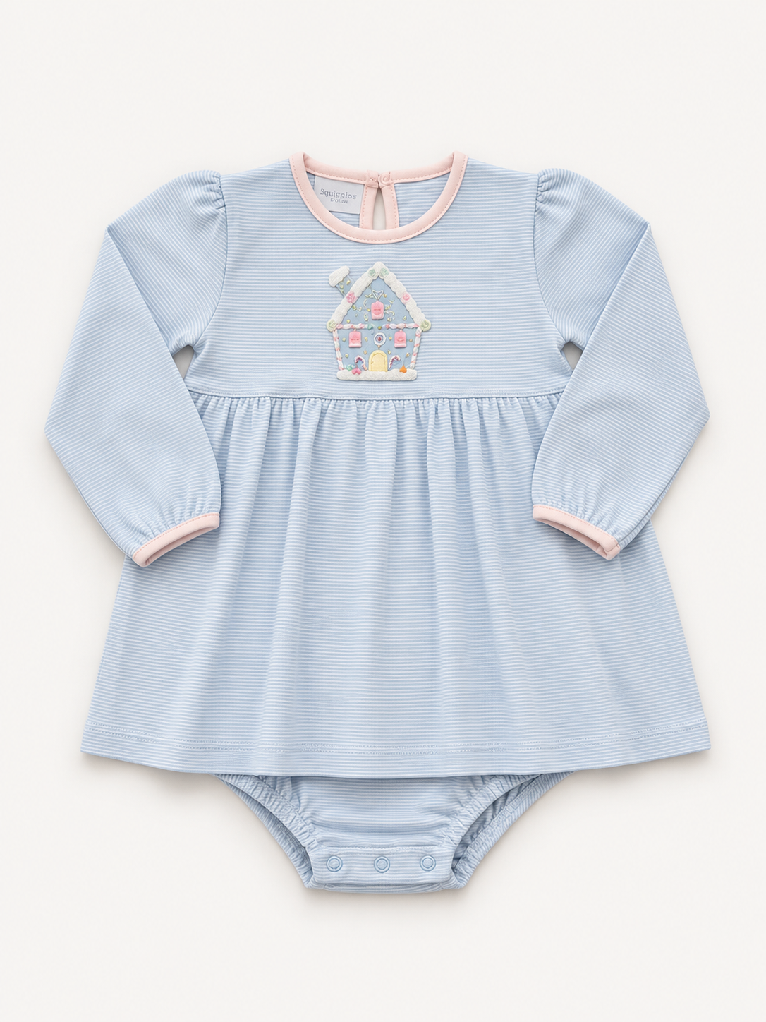 Blue Stripe Gingerbread House LS Onesie Dress