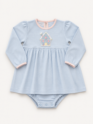 Blue Stripe Gingerbread House LS Onesie Dress