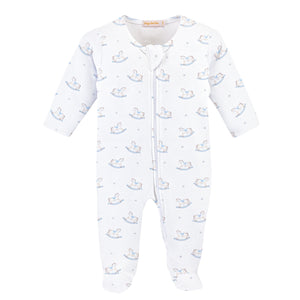 Blue Tiny Rocking Horse Printed Pima Zipped Footie