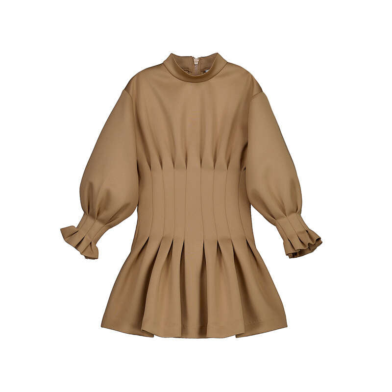 Brown Mock Neck Pleated Dress