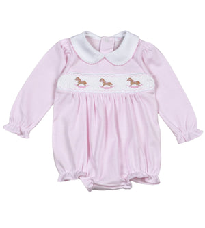 Pink Rocking Horse Hand Smocked Pima LS Bubble (Infant)