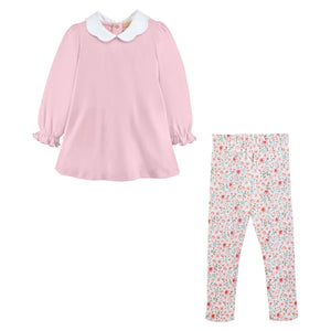 Blushy Buttons Printed Pima Scalloped Blouse & Printed Leggings Set
