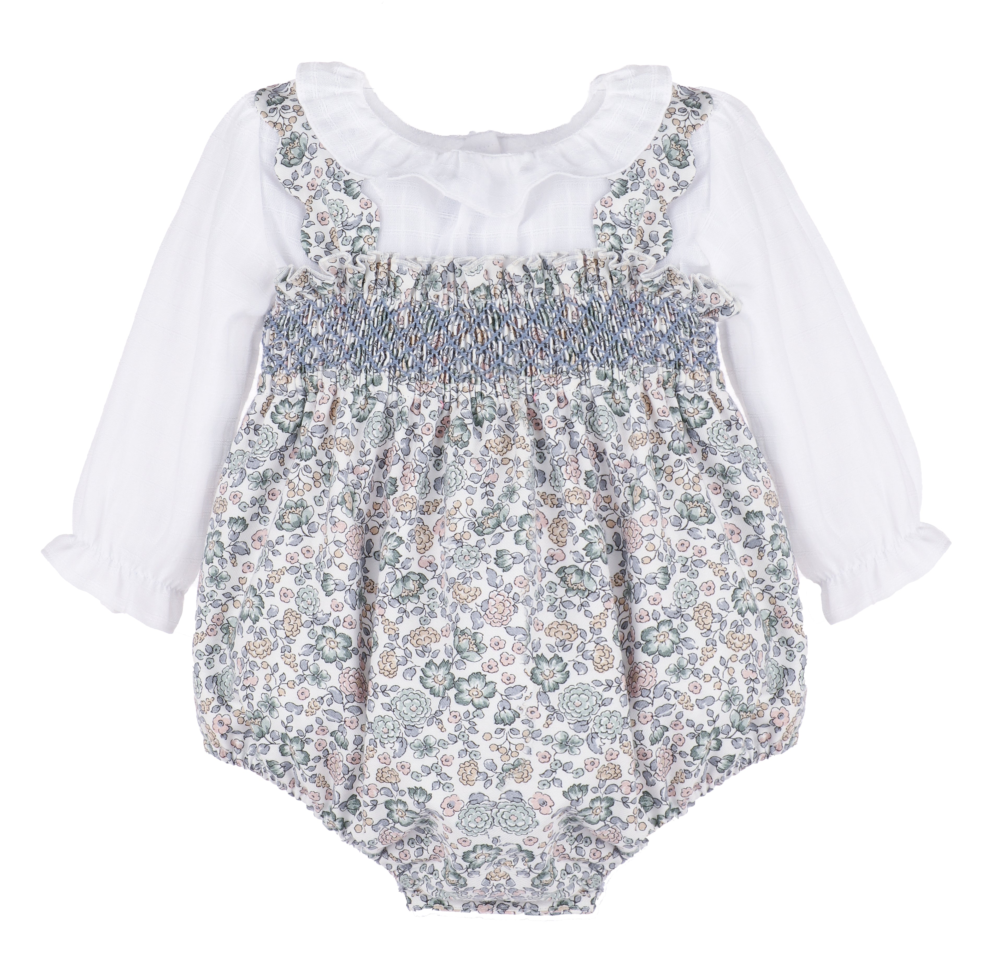 Blue Bouncy Blooms Smocked Overall Bubble (Infant)