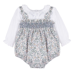 Blue Bouncy Blooms Smocked Overall Bubble (Baby)