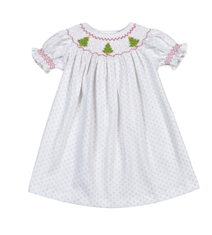 Christmas Trees Hand Smock Pima Bishop Dress (Toddler)