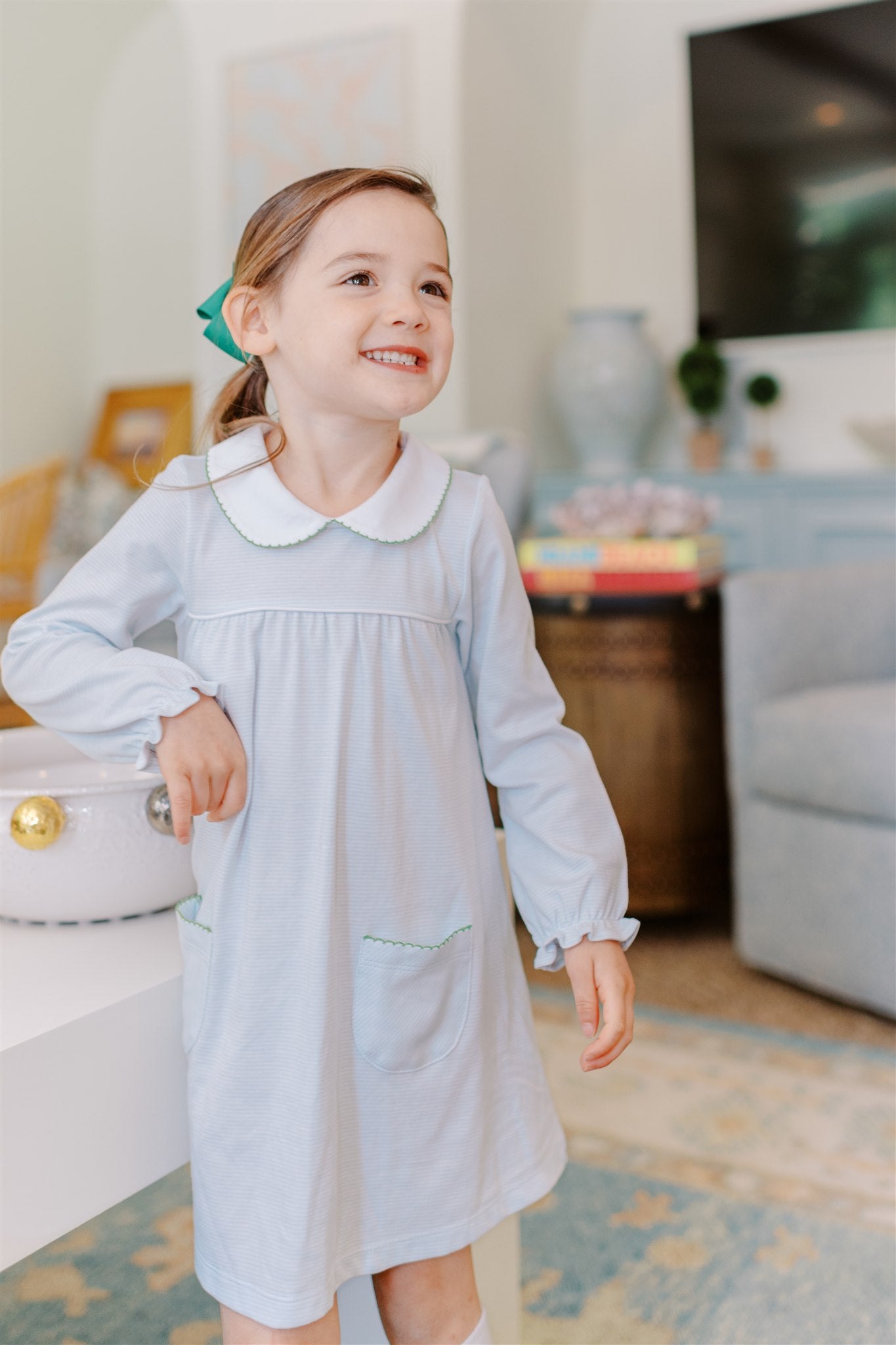 Stripe Yoke Dress-Light Blue & Pink (Toddler)