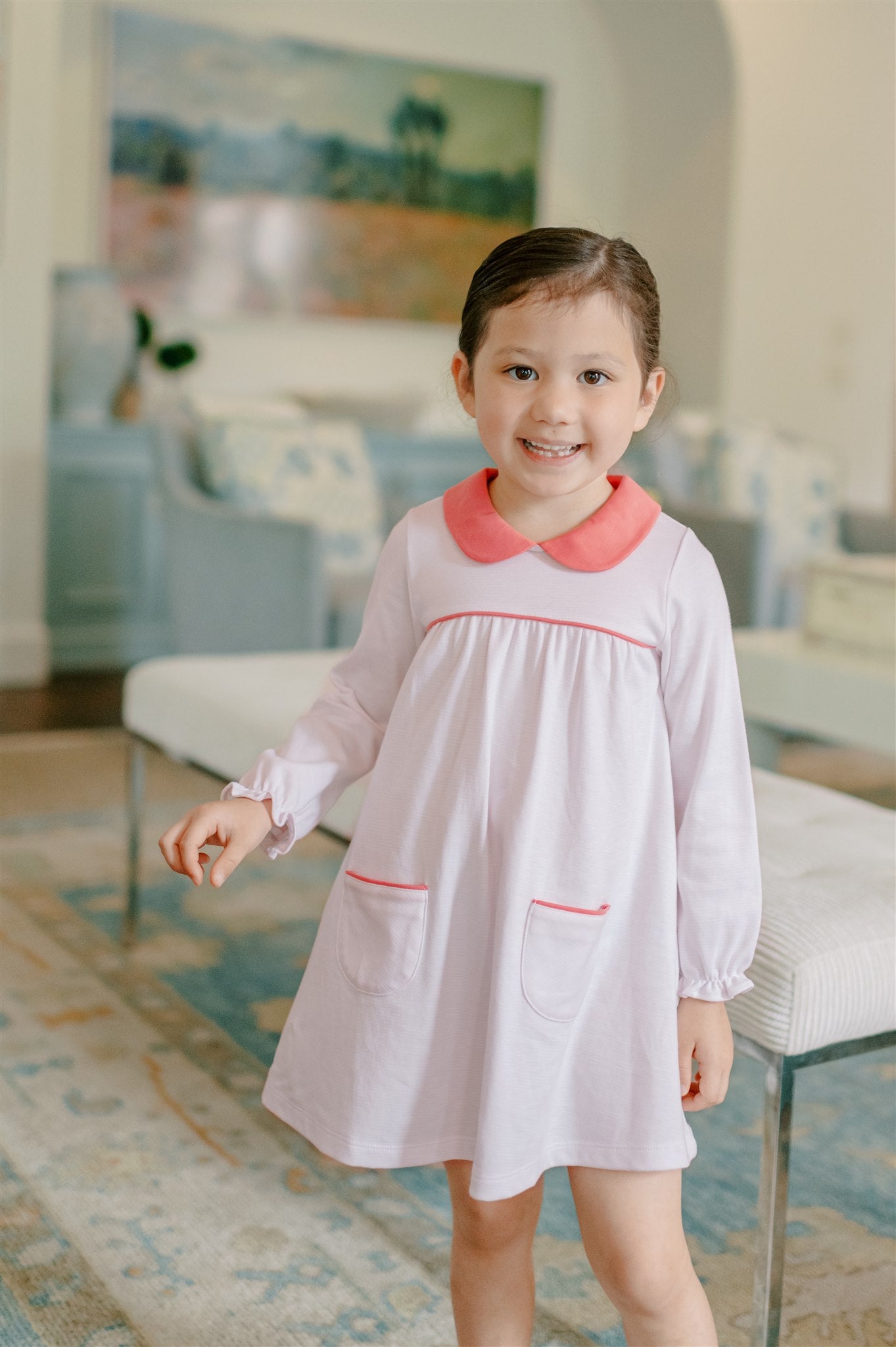 Stripe Yoke Dress-Light Blue & Pink (Toddler)