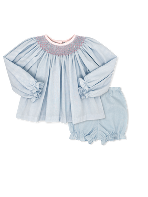 Betsy Bloomer Set Long Sleeve - Baker Blue Minigingham w Pink Smocking (Baby)