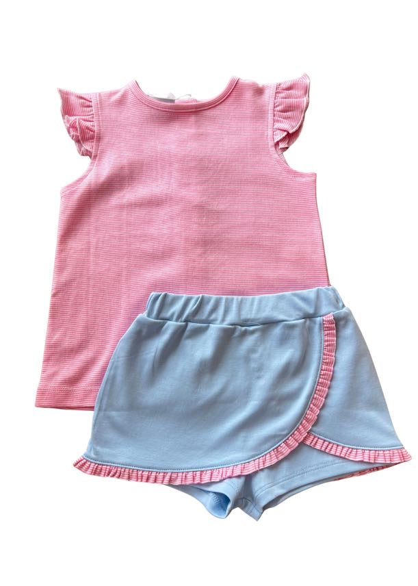 Butterfly Sleeve Pink & Blue Skirt Set
