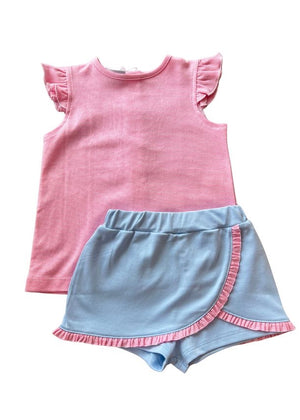 Butterfly Sleeve Pink & Blue Skirt Set