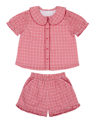 *PRE-ORDER* Malibu Gingham Collared Top and Ruffle Short Set (Big Kid)
